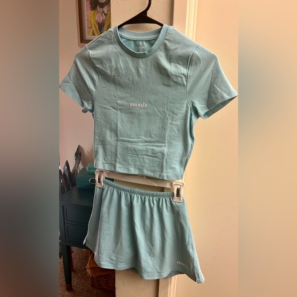 YoungLA Light Baby Blue Cropped Baby Tee and Matching Skort Set- LIKE NEW - Picture 7 of 12